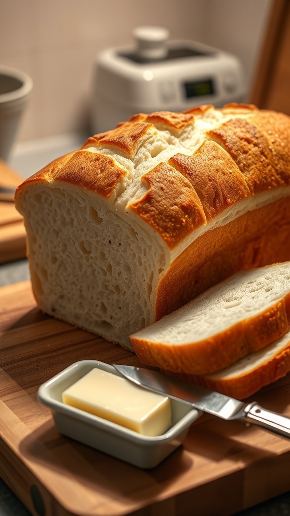 A golden brown loaf of freshly baked white bread on a wooden cutting board with slices beside it.